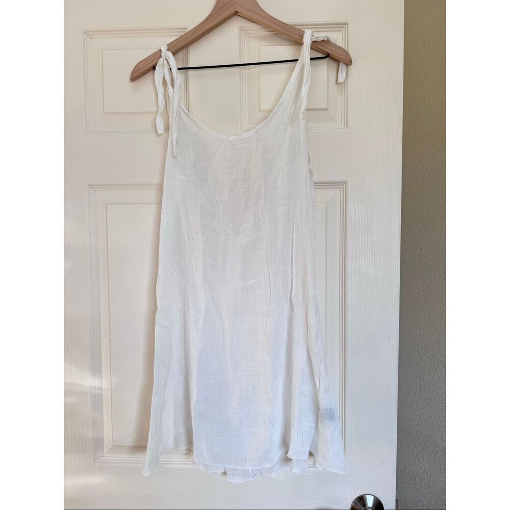 SHEIN M white linen feel sexy low cut back mini dress tie knot sleeveless swim c